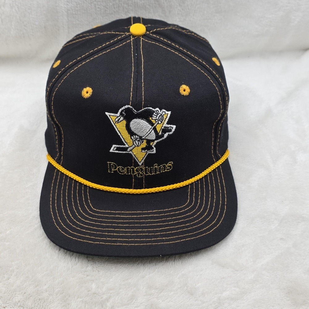 Vintage Pittsburgh Penguins Hat Cap‎ Snap Back Mens Black Yellow NHL Hockey Rope